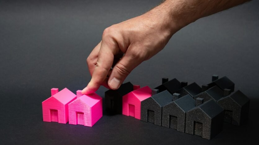 A hand is pointing at a small pink house